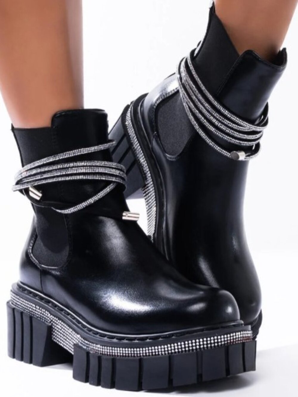 Black Rhinestone-Embellished Platform Boots